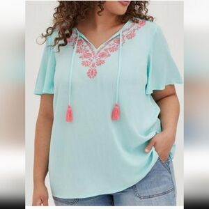 Torrid Gauze blue shirt with pink embroidery